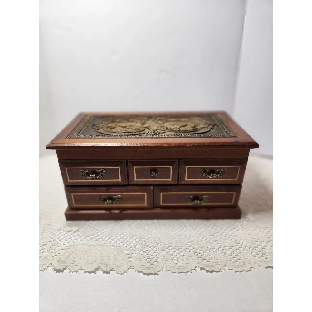 Vtg Wooden Musical Jewelry‎ Box Organizer Storage with 2 Drawers 